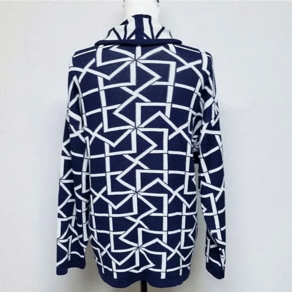 60s Vintage Dalton Blue White Geometric Print Union ILGWU Open Front Cardigan M